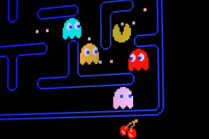 Close up of vintage classic videogame on computer monitor